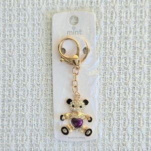 Mint Rhinestone Teddy Bear Bag Charm/Key Holder with Purple Heart